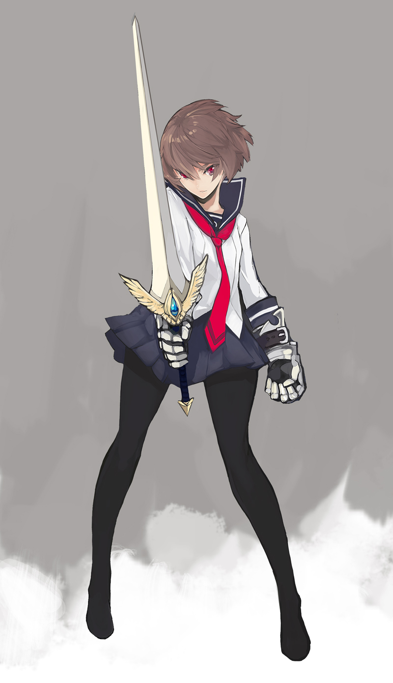 1girl, black_legwear, bobhit, brown_hair, female, gauntlets, getamped, highres