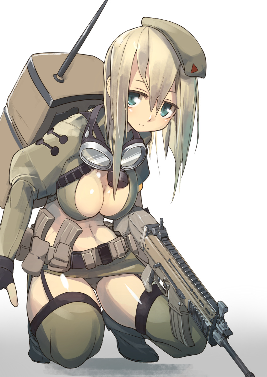 1girl, assault_rifle, backpack, bag, belt, beret, blue_eyes, breasts