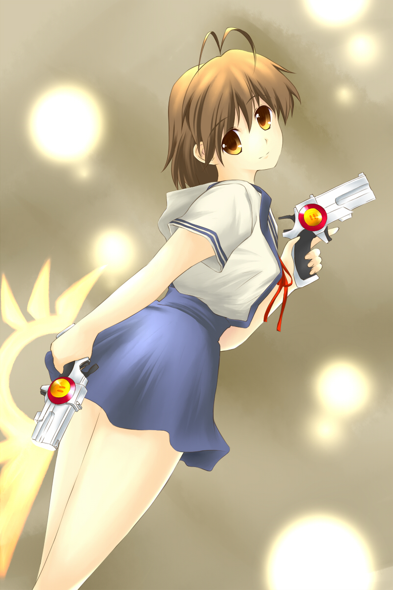 clannad, cross_mirage, dual_wielding, furukawa_nagisa, gun, hibana_junkei, highres, k6fireworks, mahou_shoujo_lyrical_nanoha, mahou_shoujo_lyrical_nanoha_strikers, nakahara_mai, school_uniform, seiyuu_connection, seiyuu_joke, teana_lanster, weapon