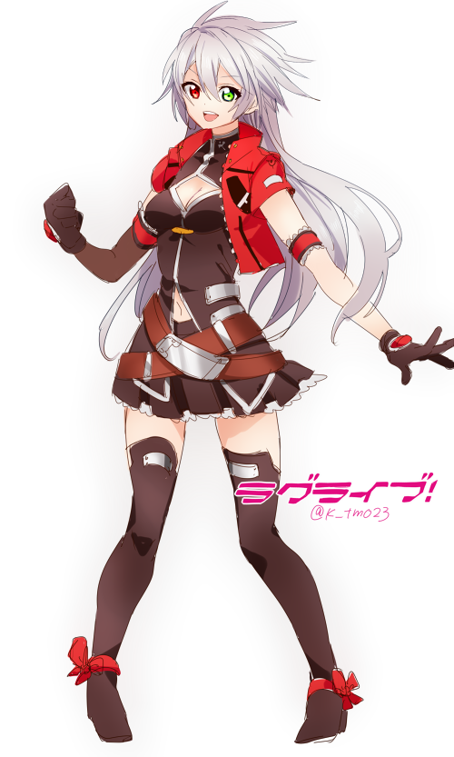 1girl, :d, blazblue, cleavage_cutout, genderswap, gloves, green_eyes, heterochromia