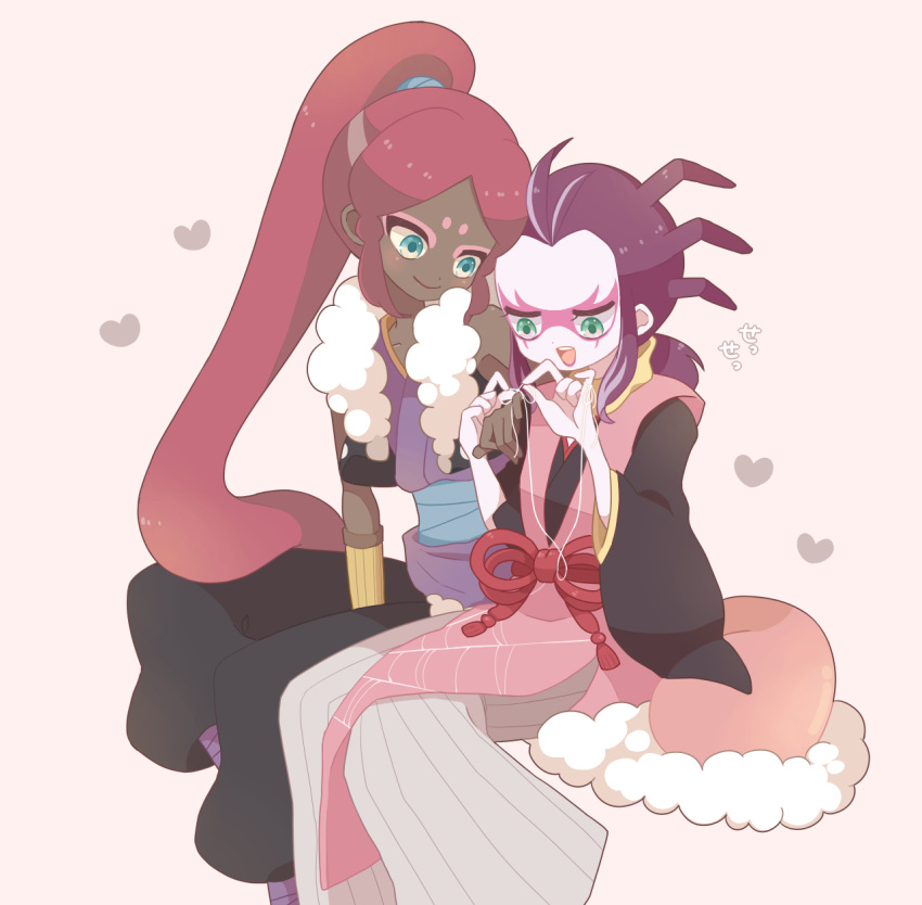 2boys, chuka_(runrunmynmyn), dark_skin, green_eyes, heart, highres, japanese_clothes, jorougumo_(youkai_watch), long_hair, male_focus, multiple_boys, ooyamori, open_mouth, simple_background, sitting, very_long_hair, youkai, youkai_watch