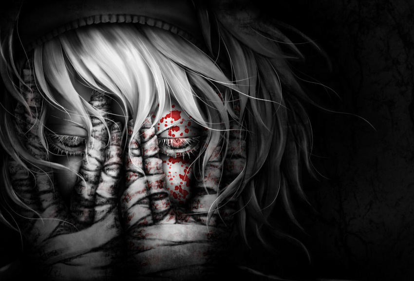 1girl, alice_margatroid, alternate_color, bandages, black_eyes, blood, blood_on_face, close-up