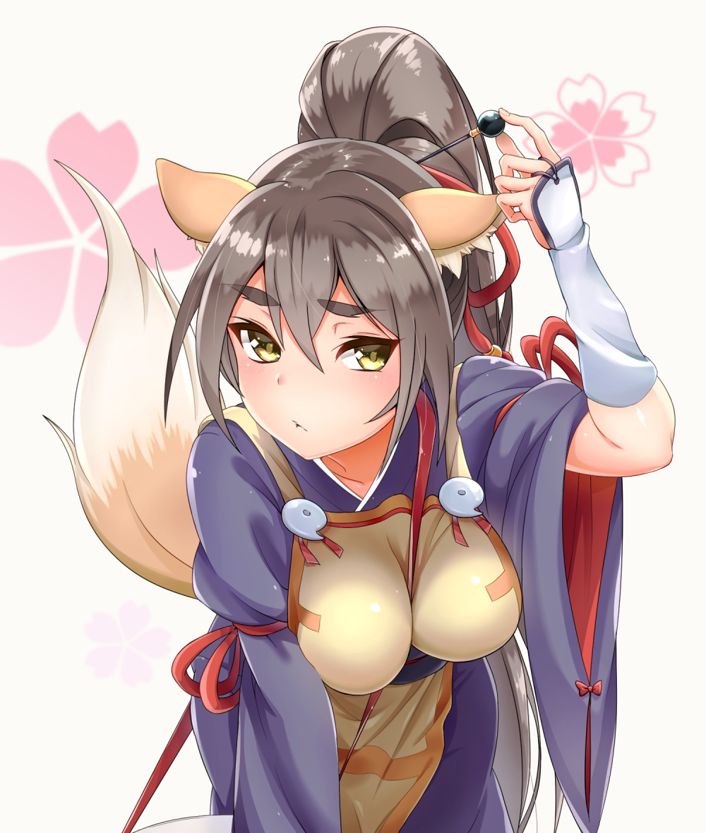 1girl, a_(show_by_rock!!), animal_ears, blush, breasts, brown_hair, eyebrows, fox_ears