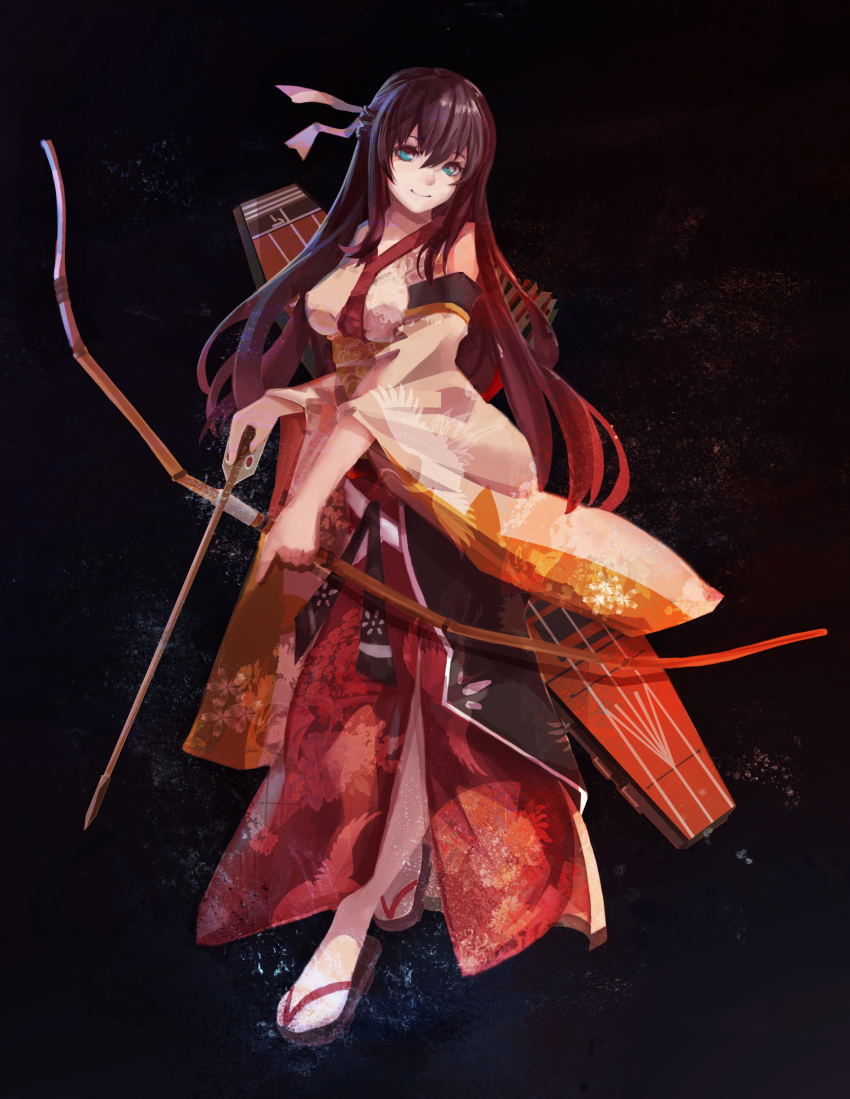 1girl, absurdres, akagi_(warship_girls_r), aqua_eyes, arrow, bow_(weapon), brown_hair, detached_sleeves