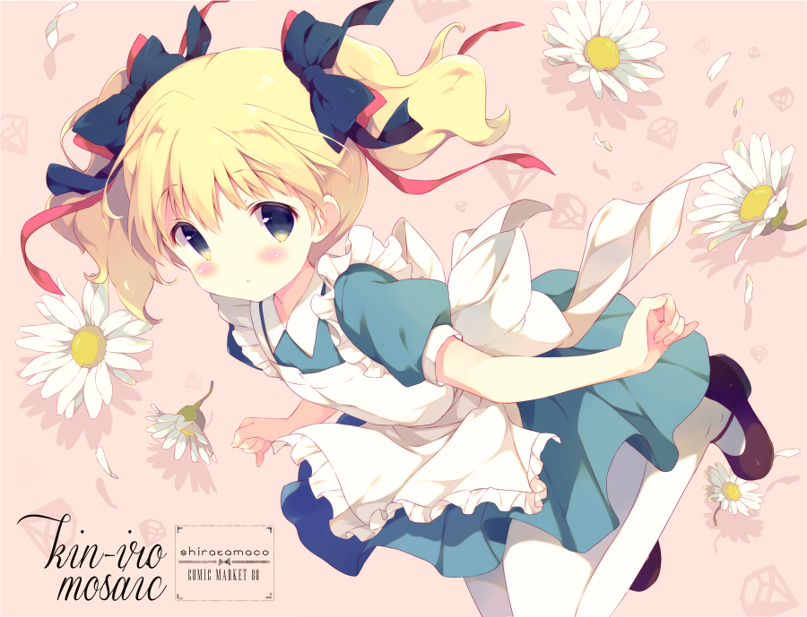 1girl, alice_carteret, apron, blonde_hair, blue_eyes, blush, bow, flower