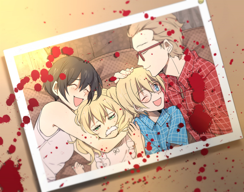 2boys, 2girls, black_(kekkai_sensen), black_hair, blonde_hair, blood, brother_and_sister, closed_eyes