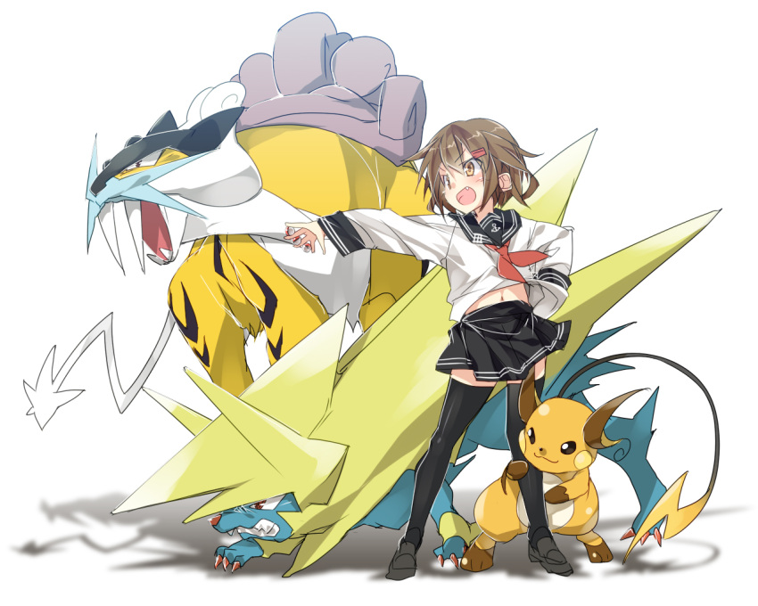 >:d, 1girl, :d, brown_eyes, brown_hair, crossover, fang, hair_ornament