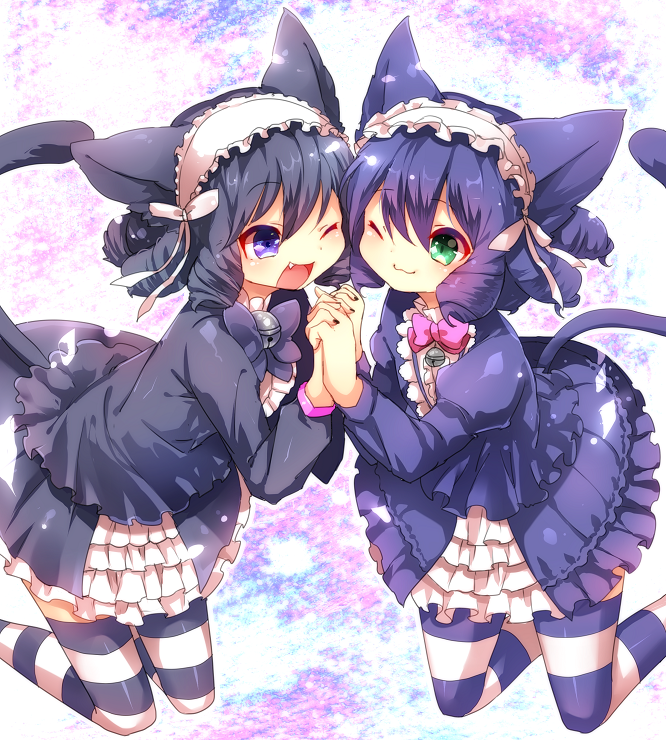 2girls, ;3, ;d, animal_ears, bell, black_hair, blue_hair, bowtie