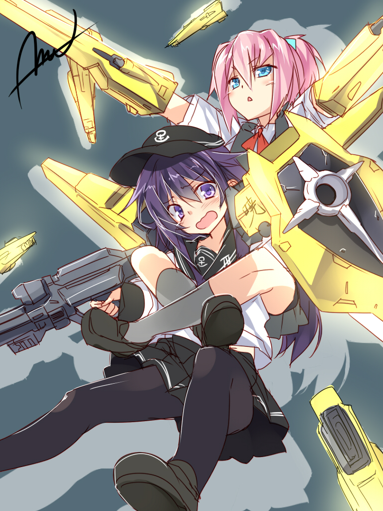 2girls, akatsuki_(kantai_collection), akatsuki_gundam, beam_rifle, blue_eyes, energy_gun, flat_cap, funnels