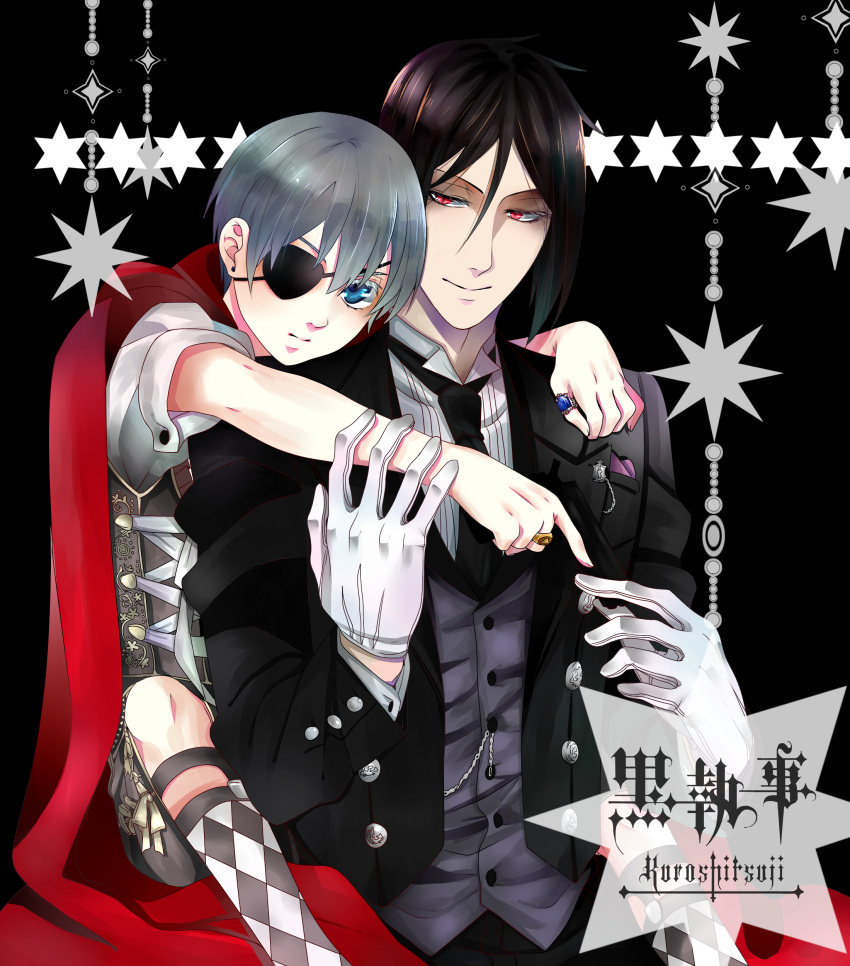 2boys, absurdres, black_hair, blue_eyes, chiarasanchi, ciel_phantomhive, earrings, eyepatch