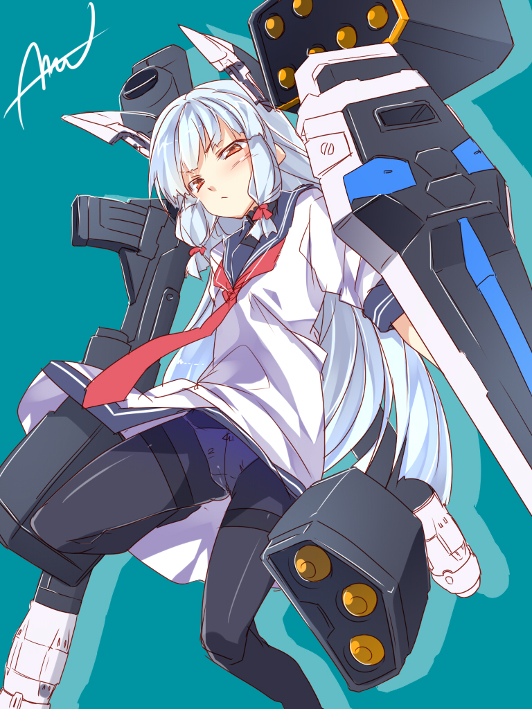 1girl, bazooka, black_legwear, blue_hair, crotch_seam, gundam, gundam_astray_blue_frame, gundam_seed