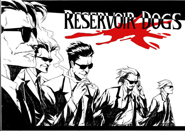 5boys, adjusting_sunglasses, blood, facial_hair, formal, goatee, lineup, male, monochrome, mr._blonde, mr._brown, mr._orange, mr._pink, mr._white, multiple_boys, mustache, necktie, reservoir_dogs, short_hair, smile, smoking, spot_color, suit, sunglasses