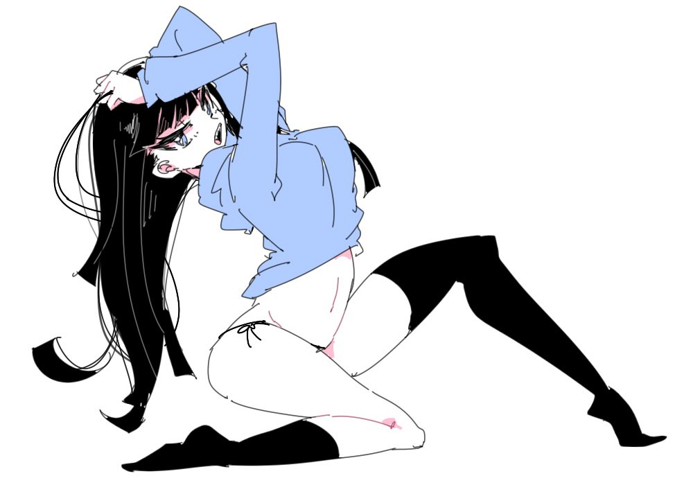 1girl, aano_(10bit), black_hair, black_legwear, blue_eyes, breasts, hime_cut, long_hair