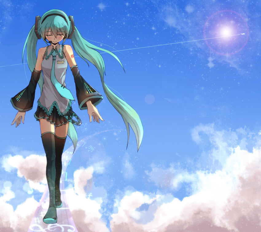 boots, closed_eyes, detached_sleeves, facominn, green_hair, hatsune_miku, highres, long_hair