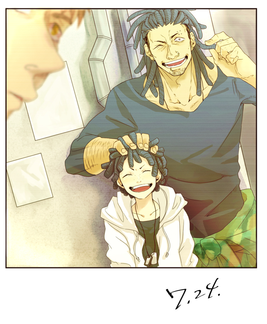 3boys, doug_(gangsta), galahad_(gangsta), gangsta, hairlocs, hausen_(gangsta), highres, multiple_boys, photo_(object), smile