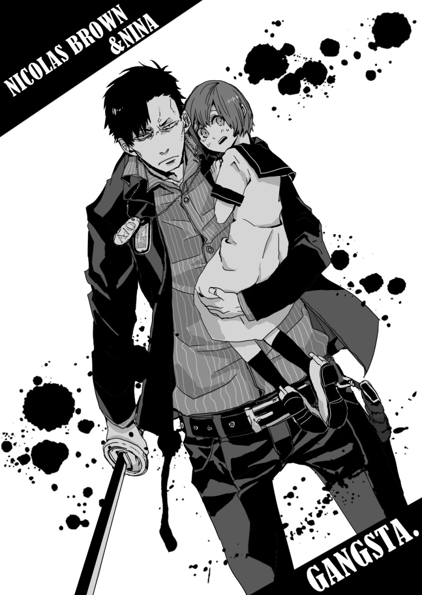 1boy, 1girl, carrying, gangsta, highres, katana, ken_(pardon?), monochrome