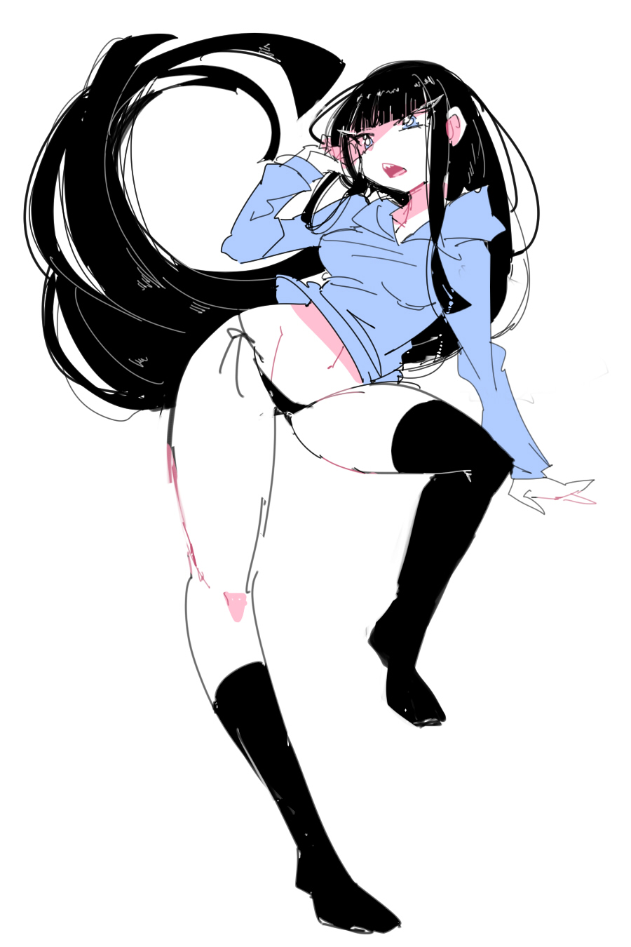 1girl, aano_(10bit), asymmetrical_legwear, black_hair, black_legwear, black_panties, blue_eyes, breasts