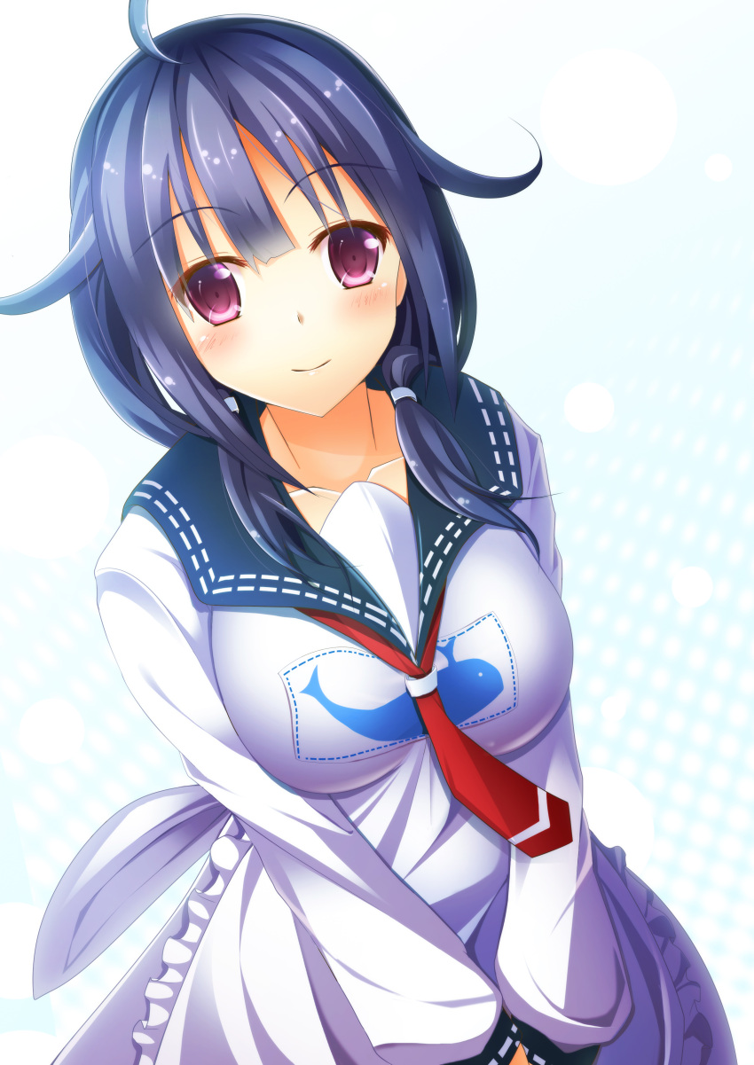 1girl, absurdres, ahoge, blush, breasts, hair_flaps, hair_ornament, highres, ichiki_yuu, kantai_collection, long_hair, looking_at_viewer, low_twintails, magatama, purple_hair, school_uniform, serafuku, smile, solo, taigei_(kantai_collection), twintails, violet_eyes