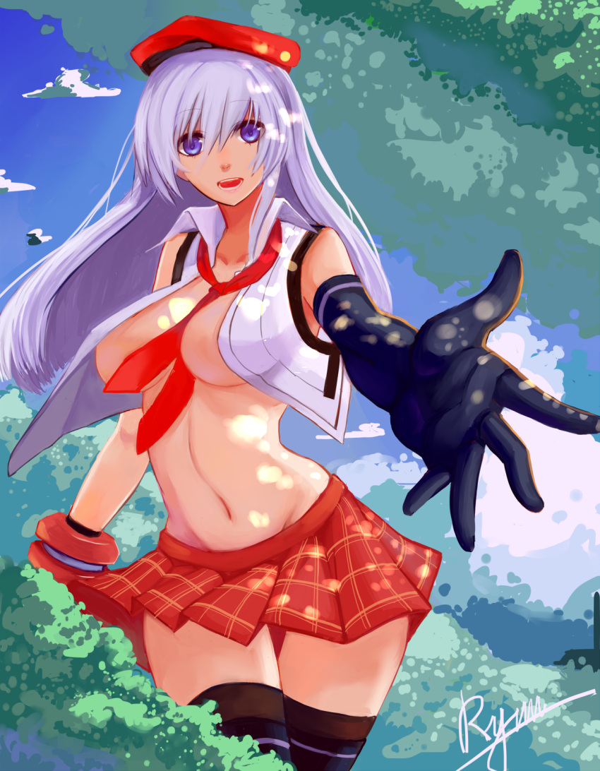 1girl, alisa_ilinichina_amiella, bangs, beret, between_breasts, black_gloves, black_legwear, blue_eyes