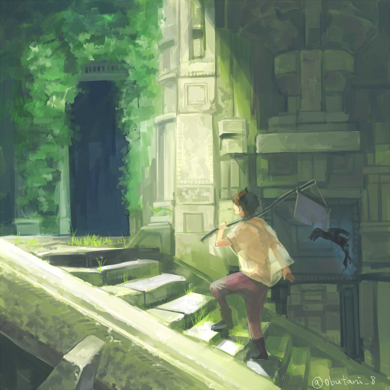 1boy, ankh_(ooo), brown_hair, carrying_over_shoulder, hanging, hino_eiji, kamen_rider, kamen_rider_ooo_(series), kariya8, male_focus, plant, see-through, shade, solo, stairs, stick, twitter_username
