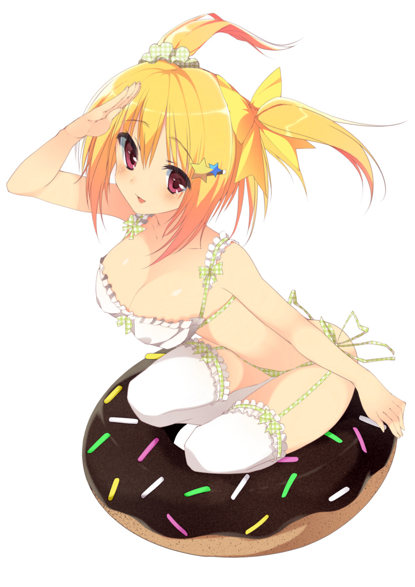 1girl, blonde_hair, blush, bra, breasts, cleavage, doughnut, food