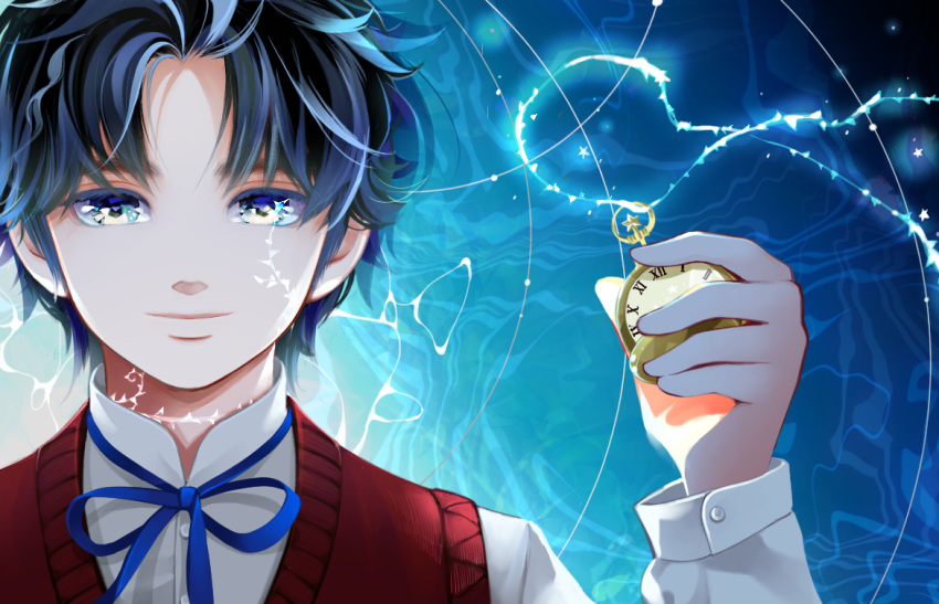 blue, blue_background, blue_eyes, blue_hair, bowtie, child, eye_reflection, holding
