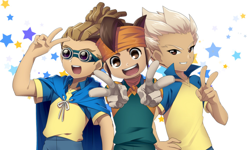 3boys, brown_eyes, brown_hair, cape, endou_mamoru, gloves, goggles, gouenji_shuuya