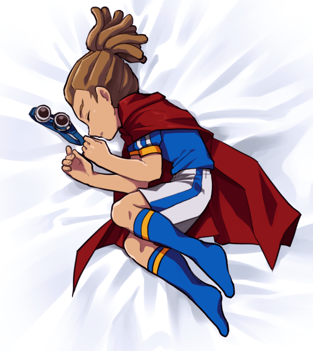 1boy, blue_legwear, brown_hair, dakimakura, goggles, goggles_removed, hairlocs, inazuma_eleven
