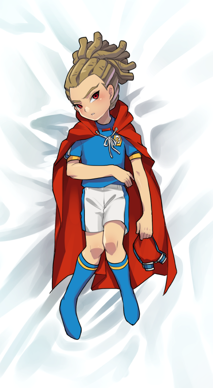 1boy, blue_legwear, blush, brown_hair, dakimakura, goggles, goggles_removed, hairlocs
