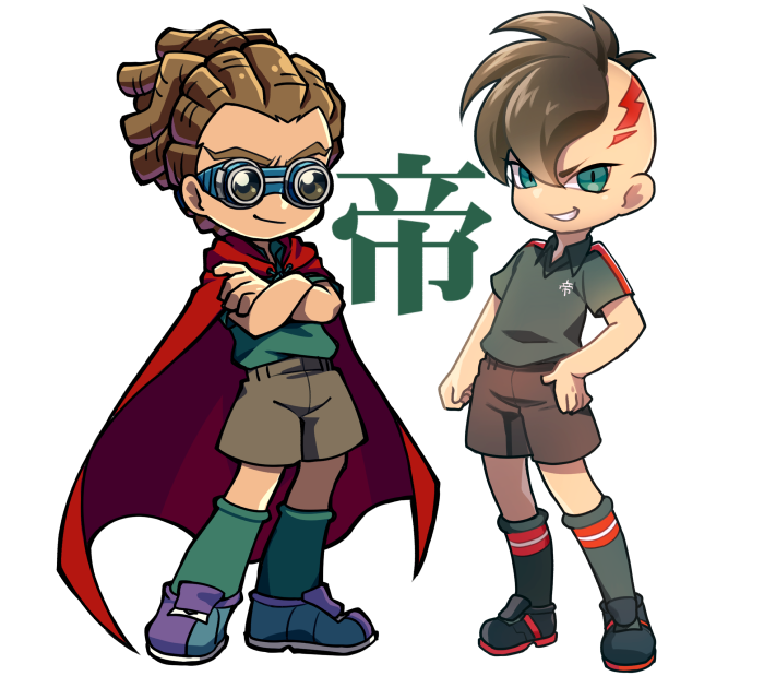 2boys, blush, brown_hair, cape, crossed_arms, fudou_akio, goggles, green_eyes