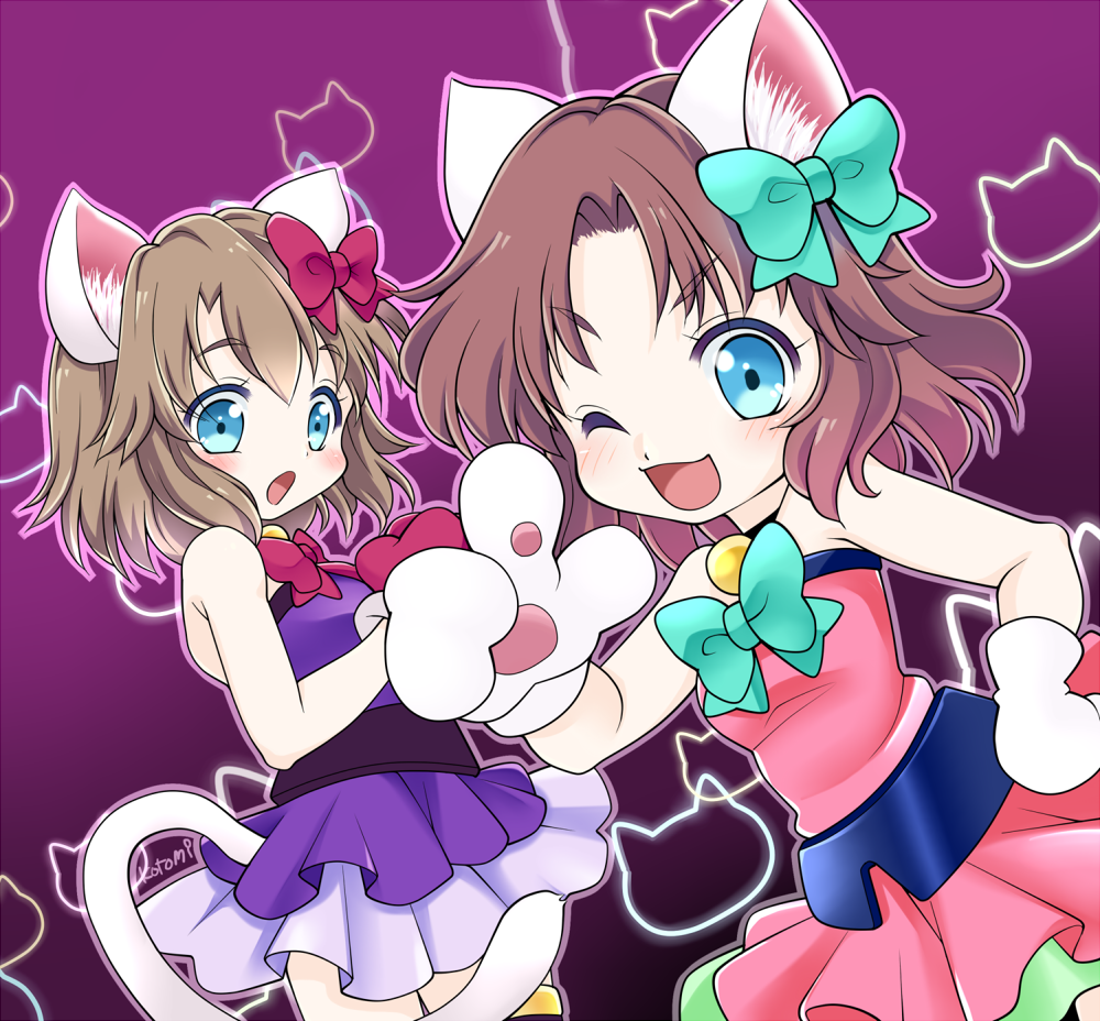 2girls, animal_ears, artist_name, belt, blue_eyes, bow, brown_hair, cat_ears, cat_paws, cat_print, cat_tail, collar, dress, gloves, hair_bow, index_finger_raised, kotomi_(happy_colors), moneko_(battle_cats), multiple_girls, neneko_(battle_cats), nyanko_daisensou, one_eye_closed, open_mouth, paws, pink_dress, purple_background, purple_dress, short_hair, siblings, sisters, smile, strapless_dress, tail