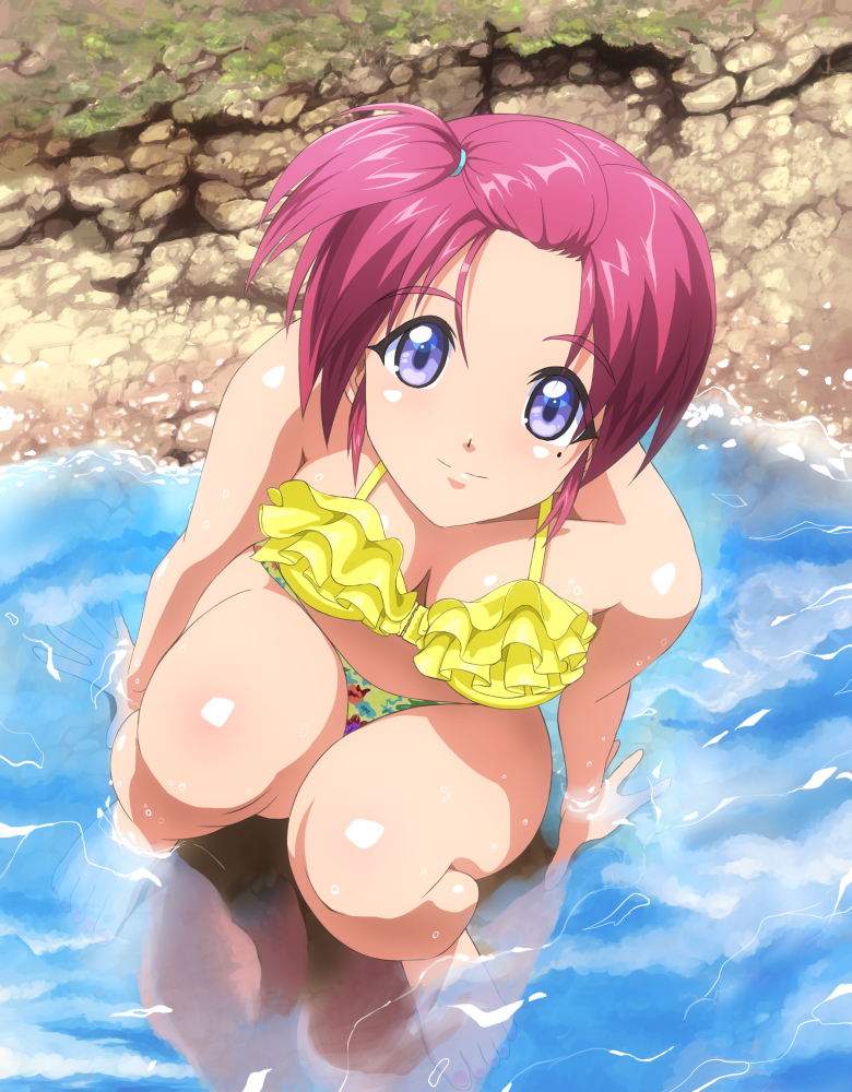 1girl, bikini, blue_eyes, feet_in_water, hinomoto_hikari, looking_up, mole, mole_under_eye