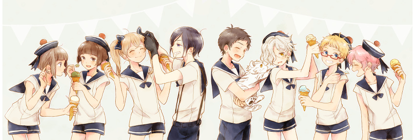 6+boys, ^_^, akita_toushirou, alternate_hairstyle, atsushi_toushirou, black_gloves, black_hair, blonde_hair