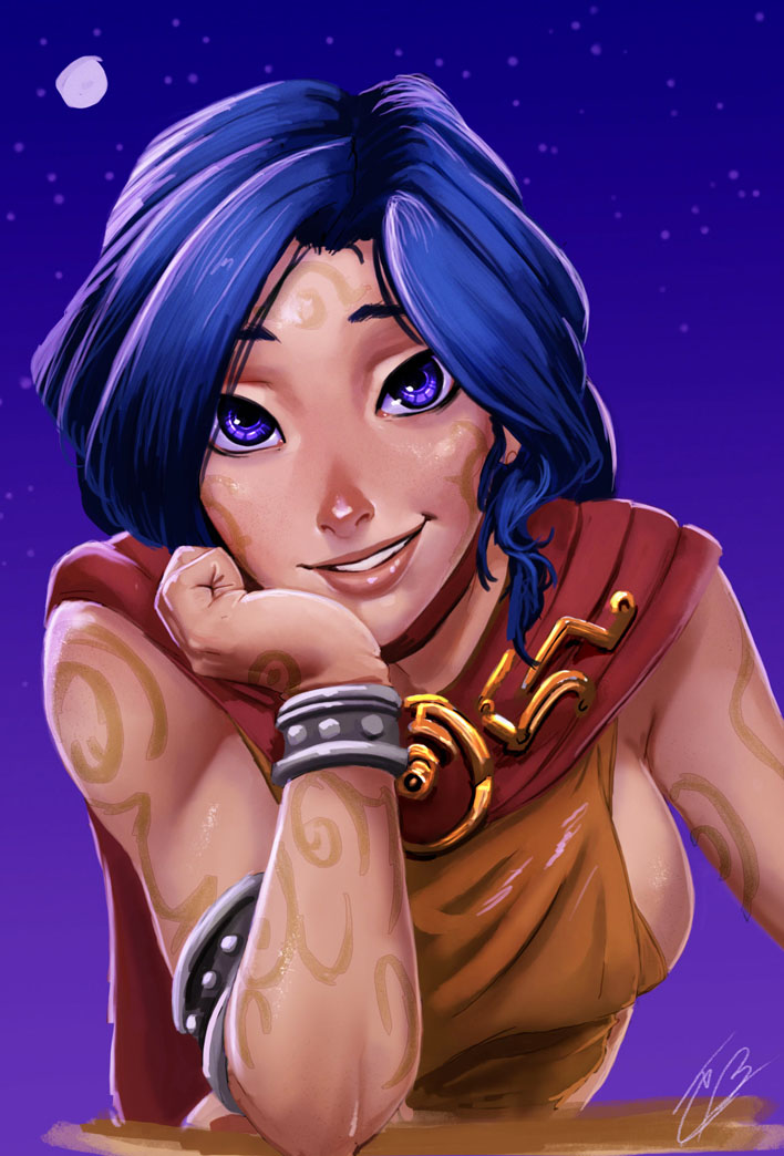 alternate_costume, blue_eyes, blue_hair, league_of_legends, long_hair, moon, night, night_sky, raichiyo33, sky, soraka, tagme