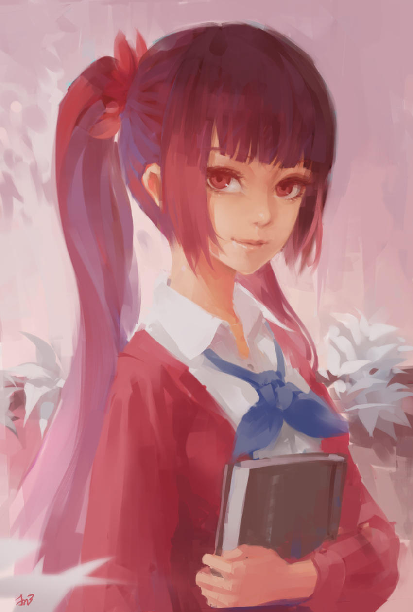 1girl, artist_name, book, dongfang_zhizi, flower, highres, jn3, looking_at_viewer