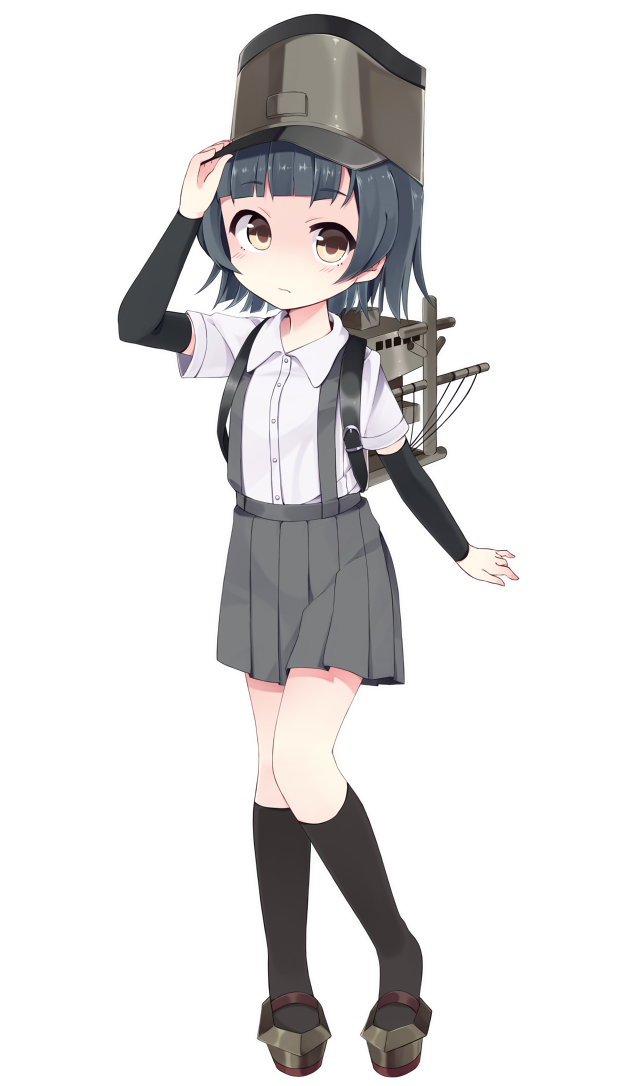 1girl, arare_(kantai_collection), arm_warmers, black_hair, black_legwear, full_body, hat, hat_tug, kantai_collection, kneehighs, light_brown_eyes, machinery, mizuno_monaka, pleated_skirt, school_uniform, short_hair, skirt, standing, suspenders, white_background