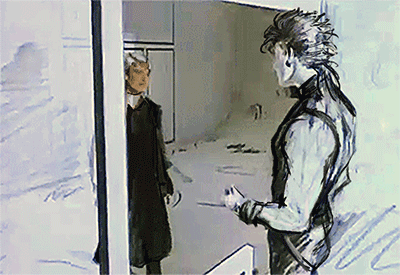 2boys, a-ha, animated, animated_gif, blonde_hair, cogdis, derivative_work, dio_brando, enrico_pucci, jojo_no_kimyou_na_bouken, lowres, multiple_boys, parody, robe, rotoscoping, sleeveless, turtleneck, white_hair, window
