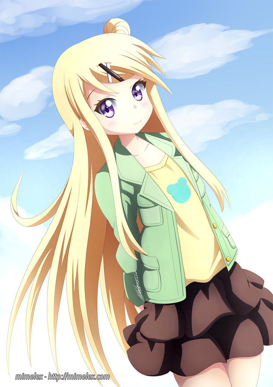 1girl, blonde_hair, clouds, hairclip, highres, jacket, kin'iro_mosaic, kujou_karen