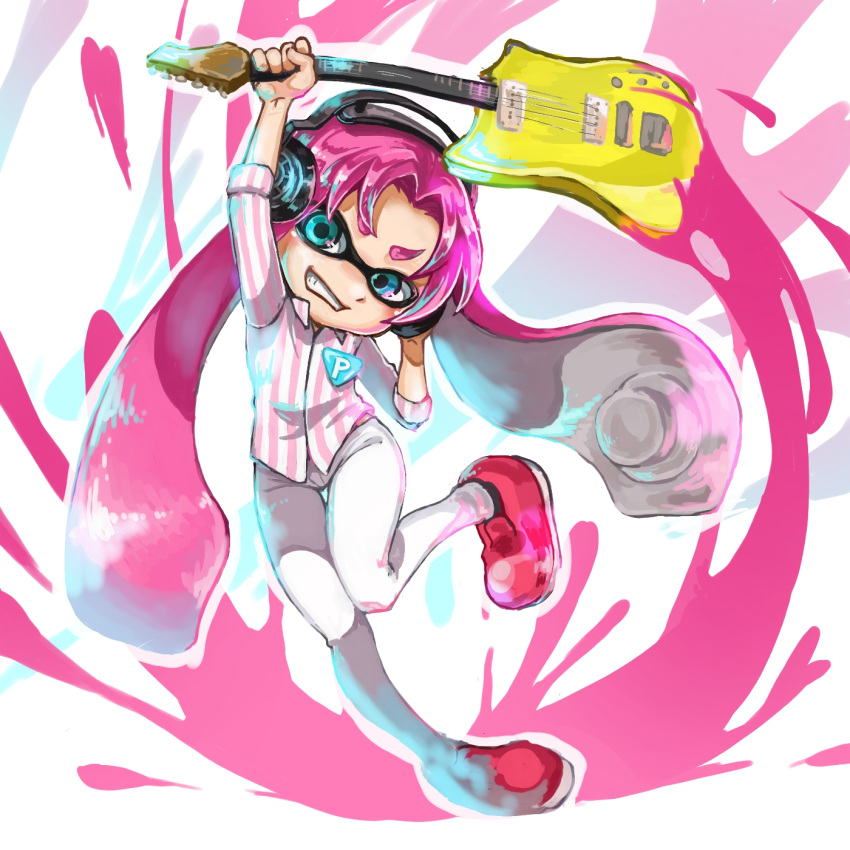1girl, aqua_eyes, arm_up, badge, bangs, blush, dress_shirt, electric_guitar