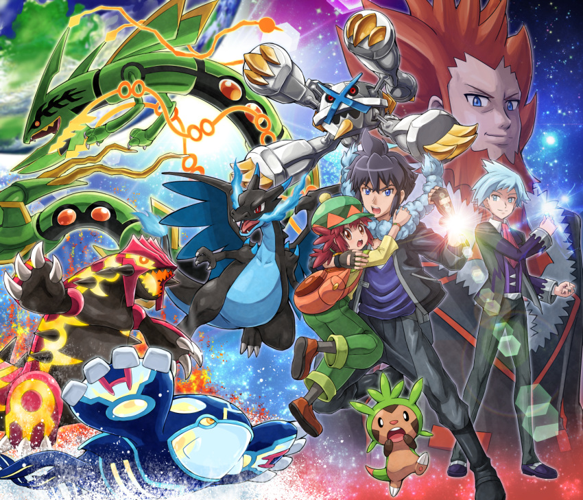 1girl, 3boys, alain_(pokemon), alternate_color, backpack, bag, black_hair, blue_eyes, blue_fire, charizard, chespin, clenched_hand, clenched_hands, commentary_request, earth, fire, fleur-de-lis_(pokemon), glowing, grey_hair, groudon, hat, highres, hug, kyogre, manon_(pokemon), mega_charizard_x, mega_metagross, mega_pokemon, mega_rayquaza, metagross, multiple_boys, pokemoa, pokemon, pokemon_(anime), pokemon_(creature), pokemon_(game), pokemon_oras, primal_groudon, primal_kyogre, rayquaza, shiny_pokemon, space, star_(sky), tsuwabuki_daigo, water