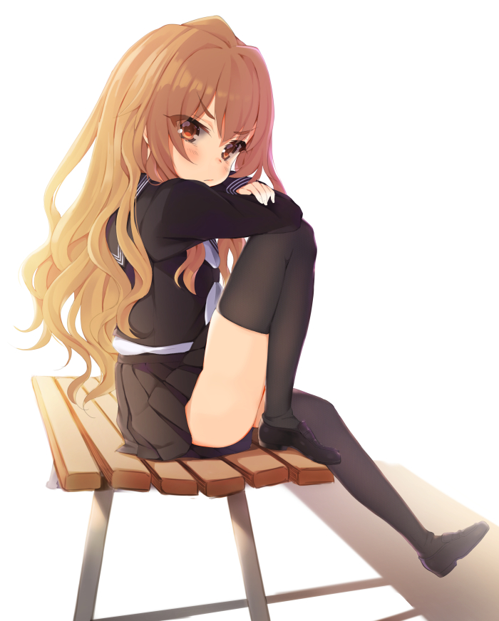1girl, aisaka_taiga, bench, black_legwear, blush, brown_eyes, brown_hair, from_side, hym9594, long_hair, looking_at_viewer, school_uniform, serafuku, sitting, skirt, solo, thigh-highs, toradora!