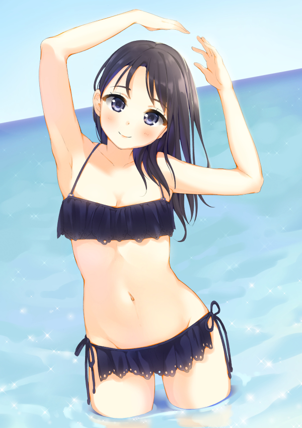 1girl, armpits, arms_up, bikini, black_bikini, black_hair, blue_eyes, blush