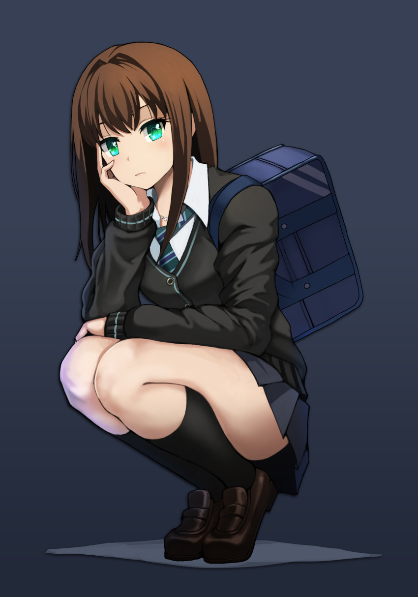 1girl, absurdres, bag, brown_hair, cardigan, chin_rest, defiaz_(infinity), green_eyes
