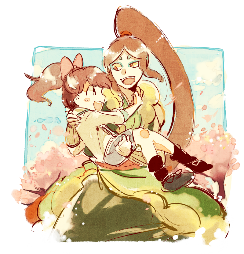 1boy, 1girl, blush, brown_hair, carrying, cherry_blossoms, high_ponytail, japanese_clothes