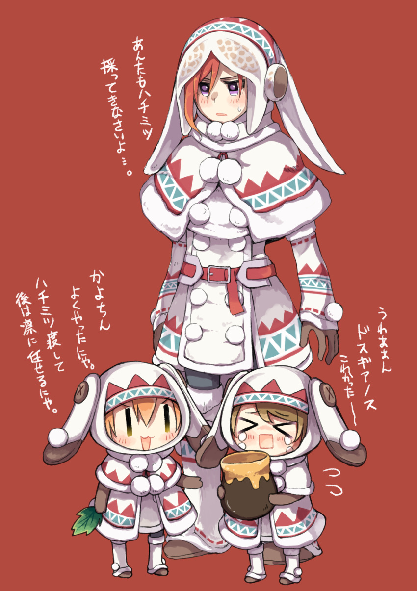 >_<, 3girls, absurdres, animal_hood, bocha_(gotipoke), brown_hair, bunny_hood, chibi