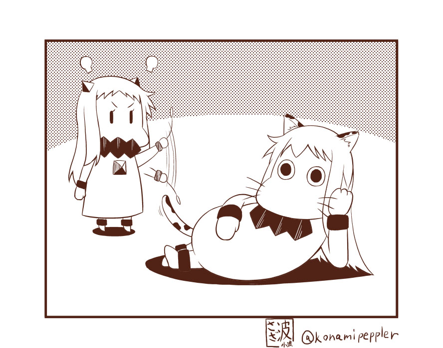 2girls, animal_ears, cat_ears, cat_tail, cat_teaser, commentary_request, covered_mouth, dress