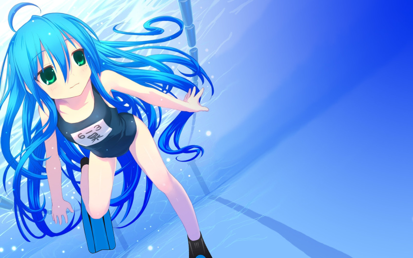 ahoge, blue_hair, flippers, izumi_konata, long_hair, lucky_star, one-piece_swimsuit, photoshop