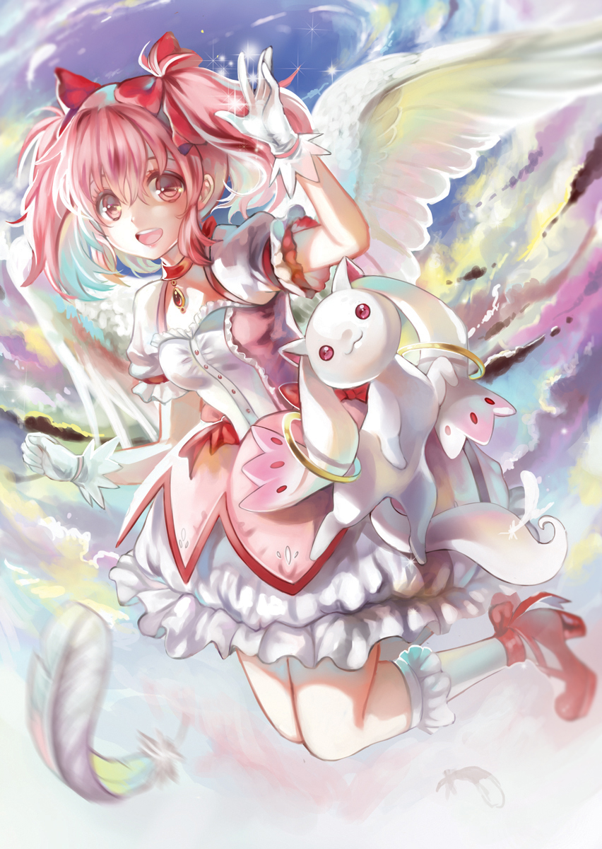1girl, :d, bow, clouds, cloudy_sky, feathered_wings, feathers, flying