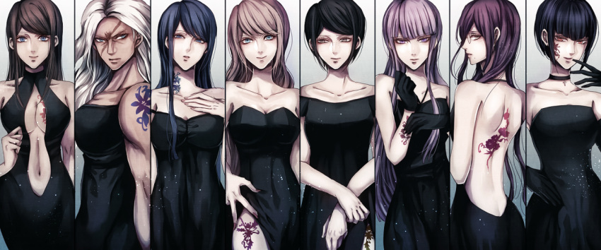 6+girls, alternate_costume, asahina_aoi, back, black_dress, black_gloves, black_hair, blue_eyes