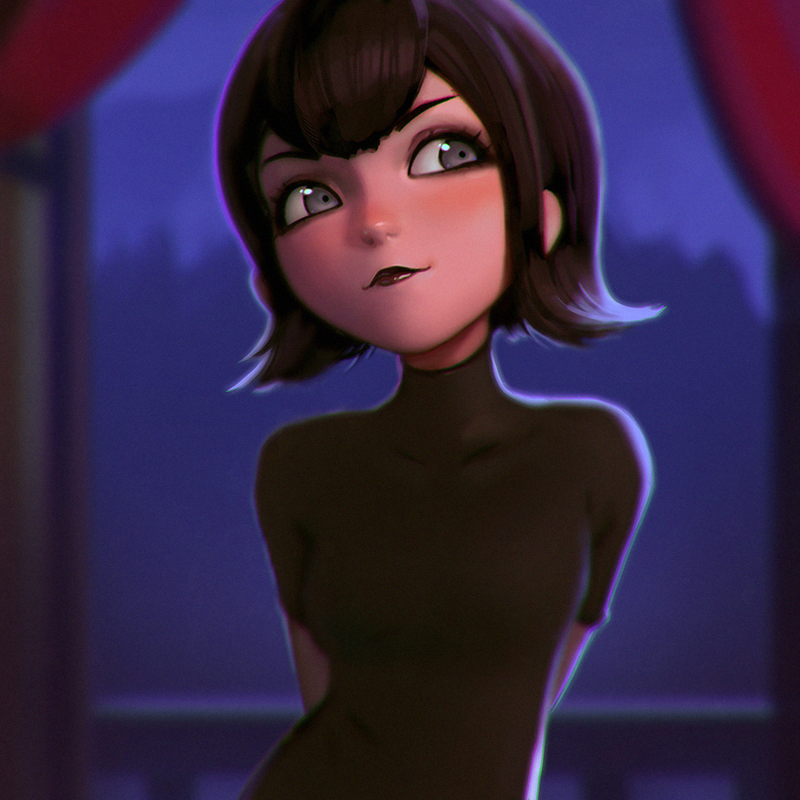 1girl, black_eyes, black_hair, black_lipstick, hotel_transylvania, ilya_kuvshinov, lipstick, makeup, mavis_(hotel_transylvania), short_hair, solo